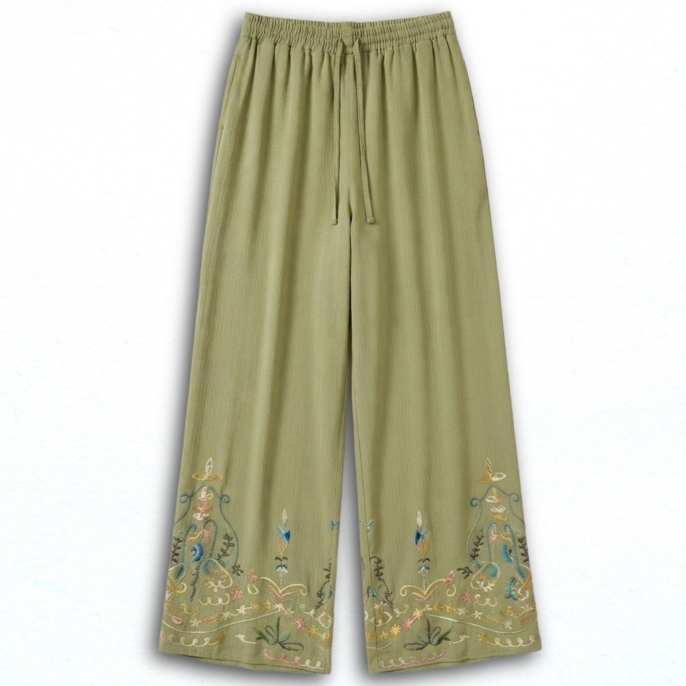 Liv Los Angeles Women Sage Green Embroidered Wide Leg Boho Pants Size S 3230